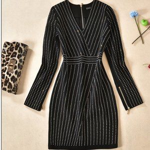 New Women's Long Sleeves V Neck Mini Bodycon Cocktail Party Beaded Dress XL